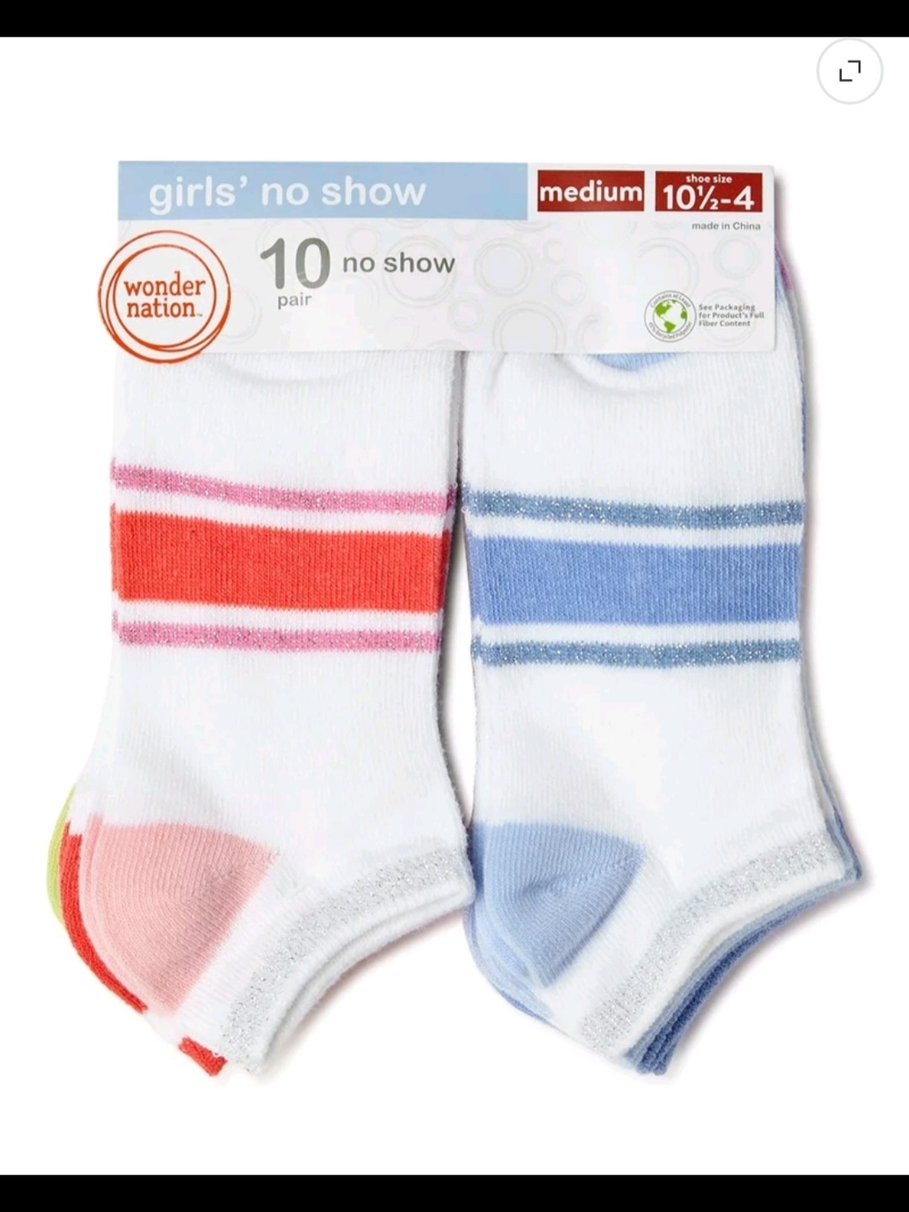 wonder nation Girls' No-Show Socks - White with Pink, Red & Blue Stripes